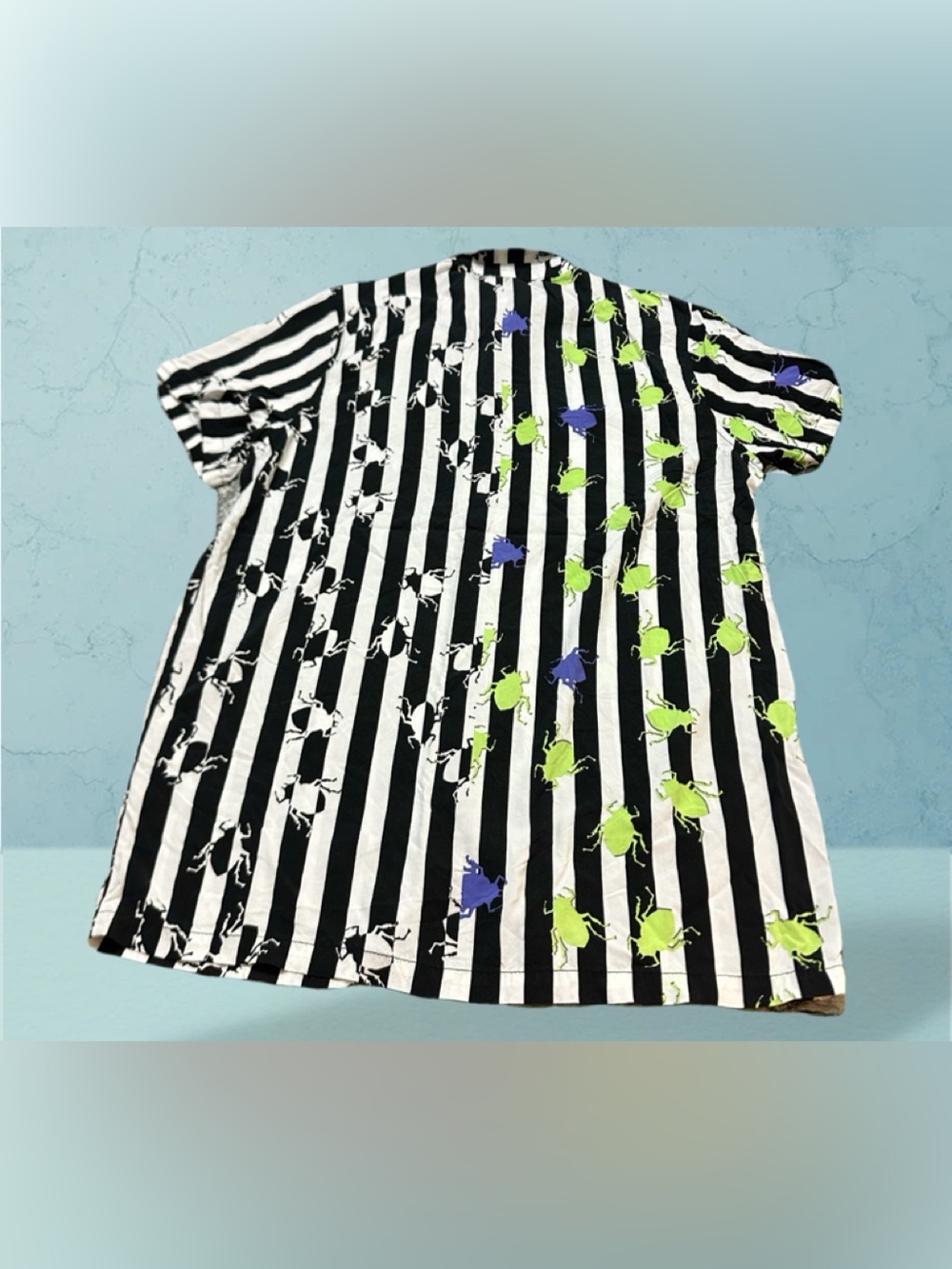 Beetlejuice Black & White Striped Button-Up Shirt with Neon Beetles XL - Picture 2 of 6